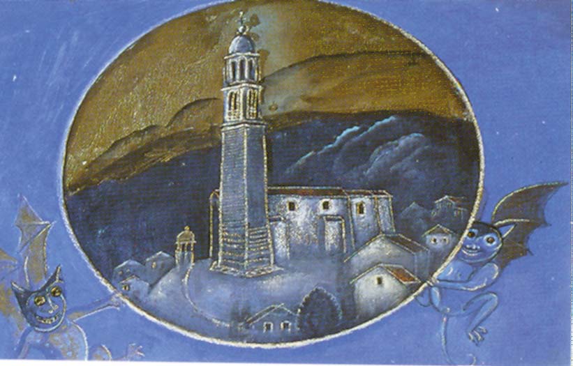 The entrance of the townhall of Sarmede – Montaner, a hamlet of Sarmede, in a magic bubble in the ultramarine blue of a sky which becomes starry on the ceiling – by Yòzef Wilkon